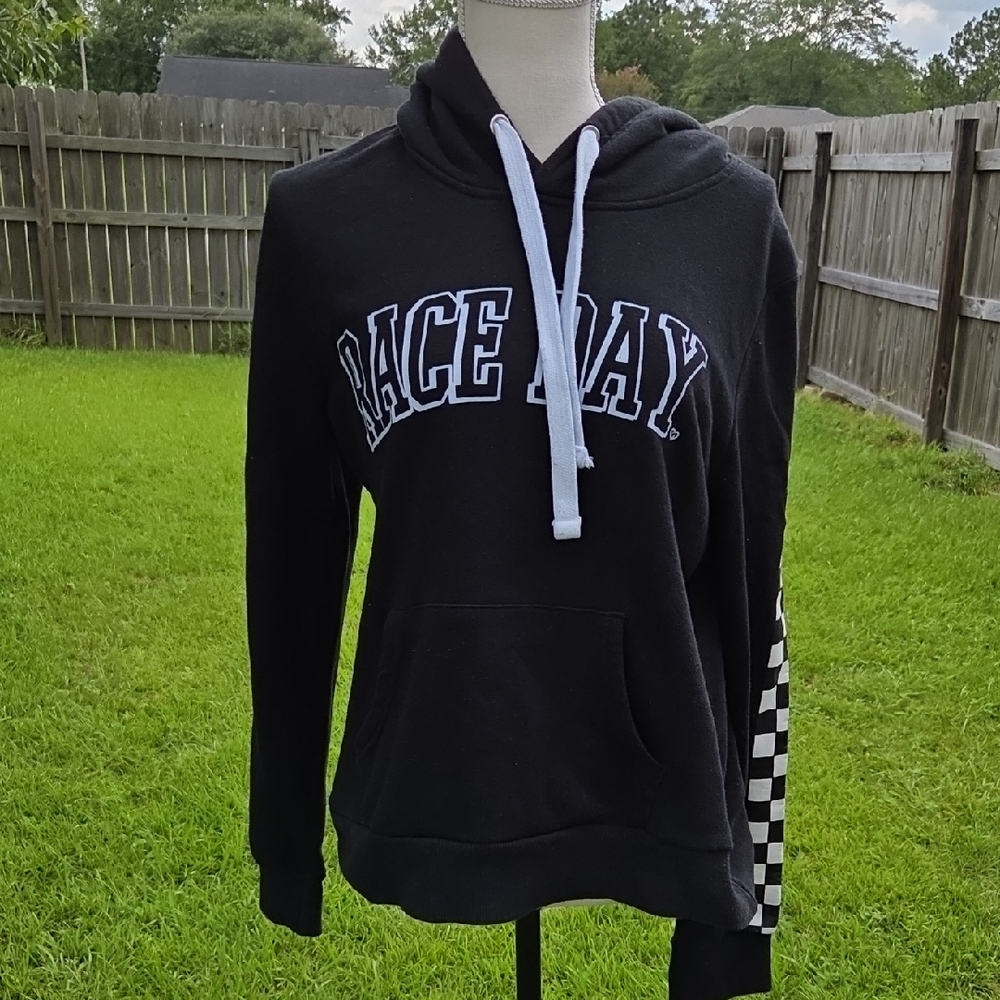 Black 'Race Day' Hoodie with Checkered Sleeves Size XL
